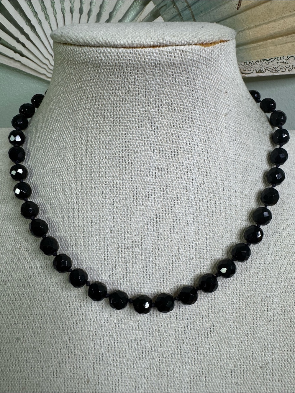 French Jet Black Faceted Bead Necklace Silver Clasp - Victorian Mourning Jewelry